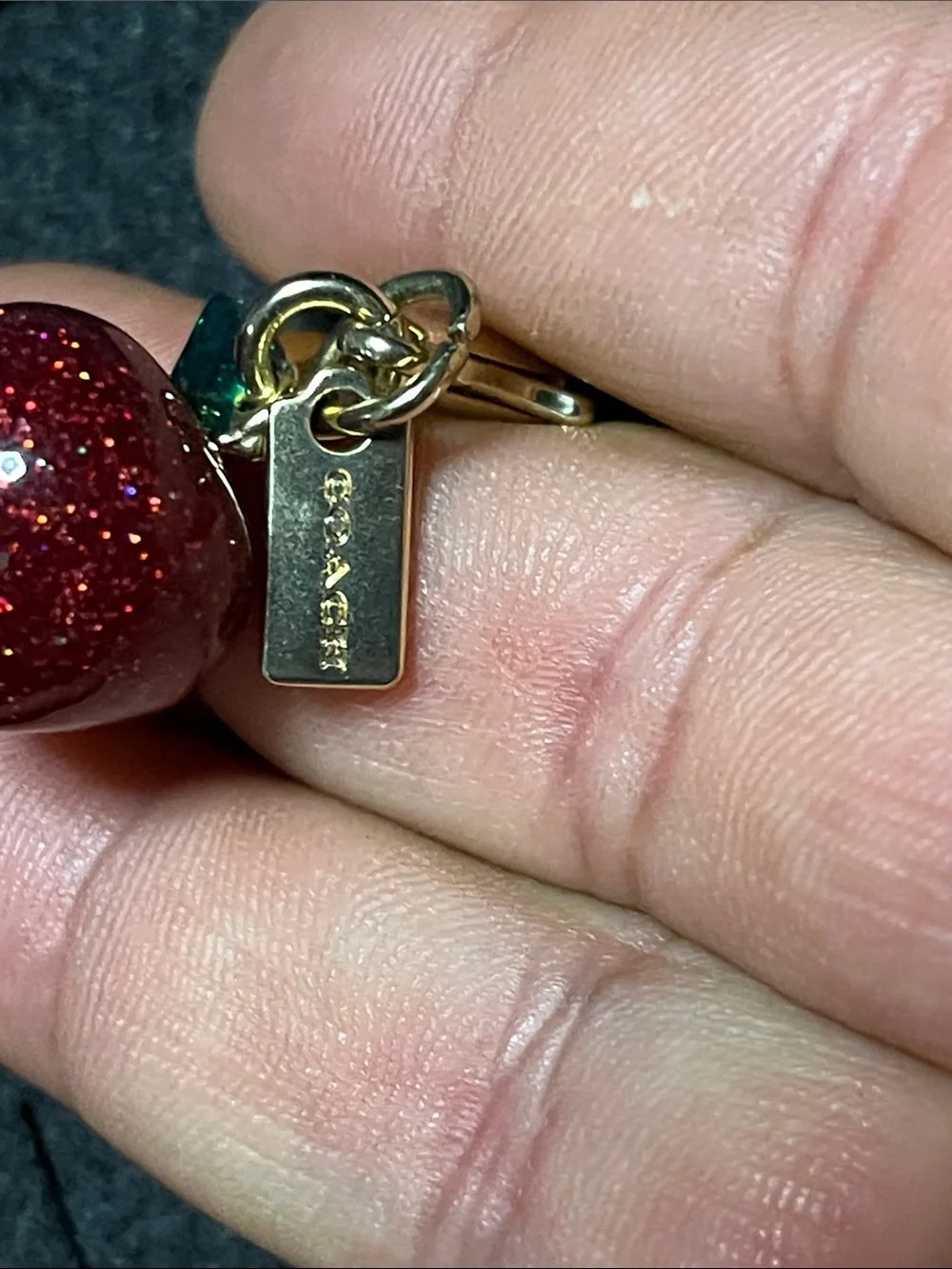 Coach Red Glitter Apple Charm with Green Leaf & Gold Hardware Key Clip
